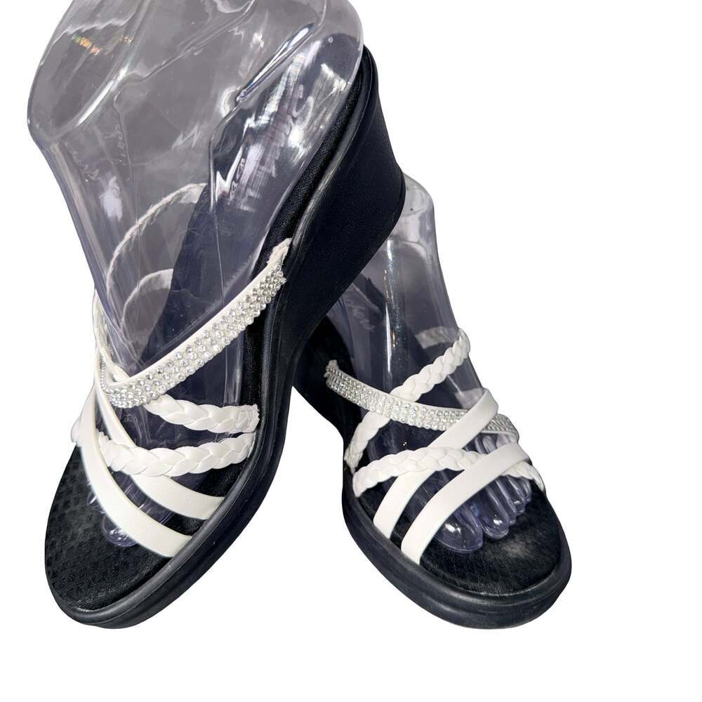 Skechers Women's Memory Foam Rhinestone Wedge Sandals Black White Size 8.5